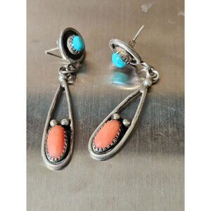 Navajo Coral Turquoise Hook Dangle Earrings Native American 925 Sterling Silver
